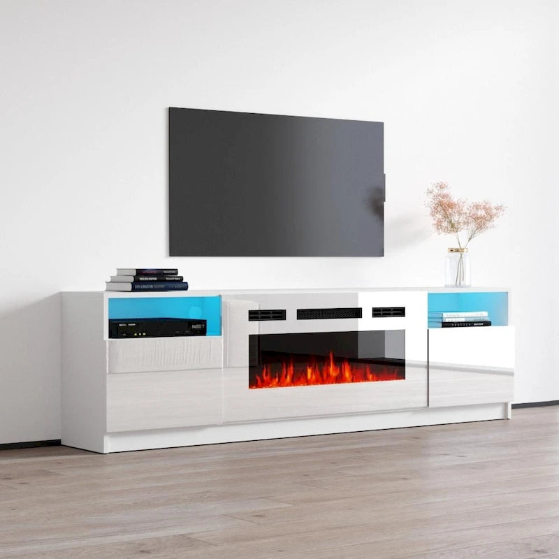 Meuble TV moderne avec cheminée électrique, étagères LED et placards
