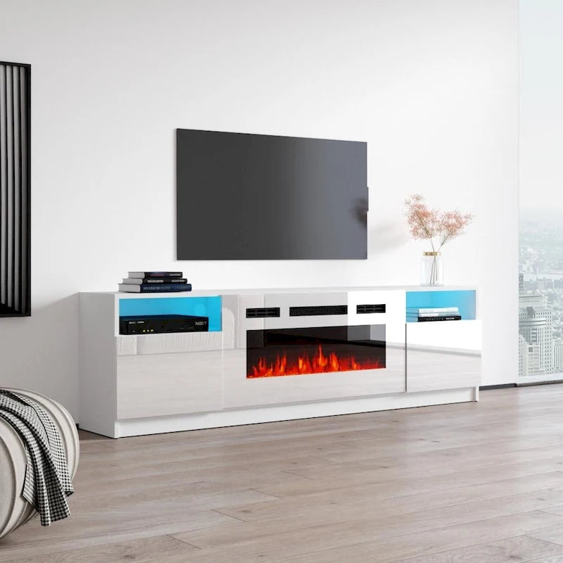 Meuble TV moderne avec cheminée électrique, étagères LED et placards