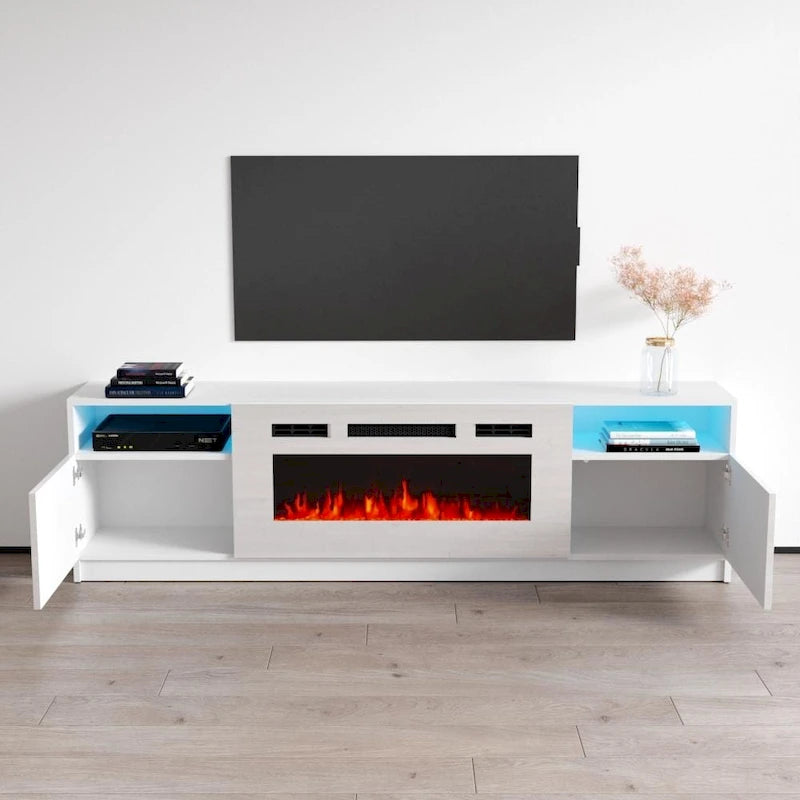 Meuble TV moderne avec cheminée électrique, étagères LED et placards