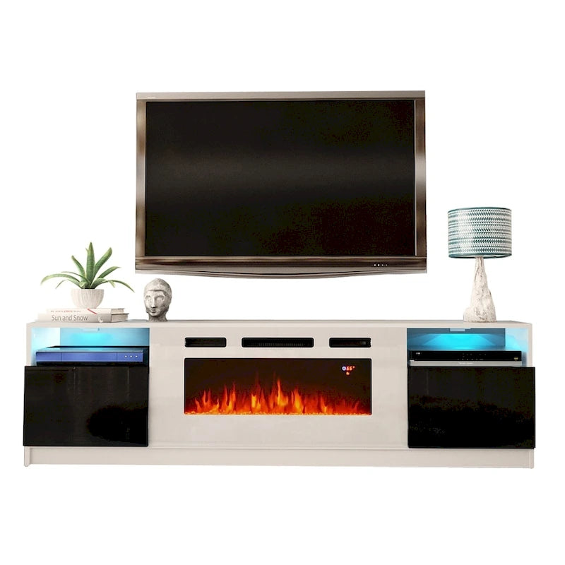 Meuble TV moderne avec cheminée électrique, étagères LED et placards