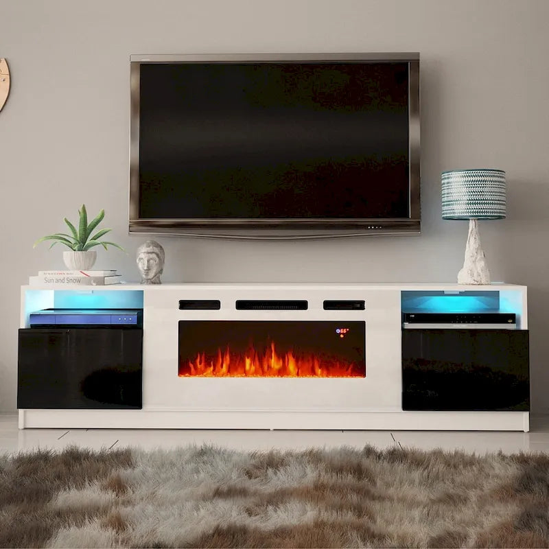 Meuble TV moderne avec cheminée électrique, étagères LED et placards
