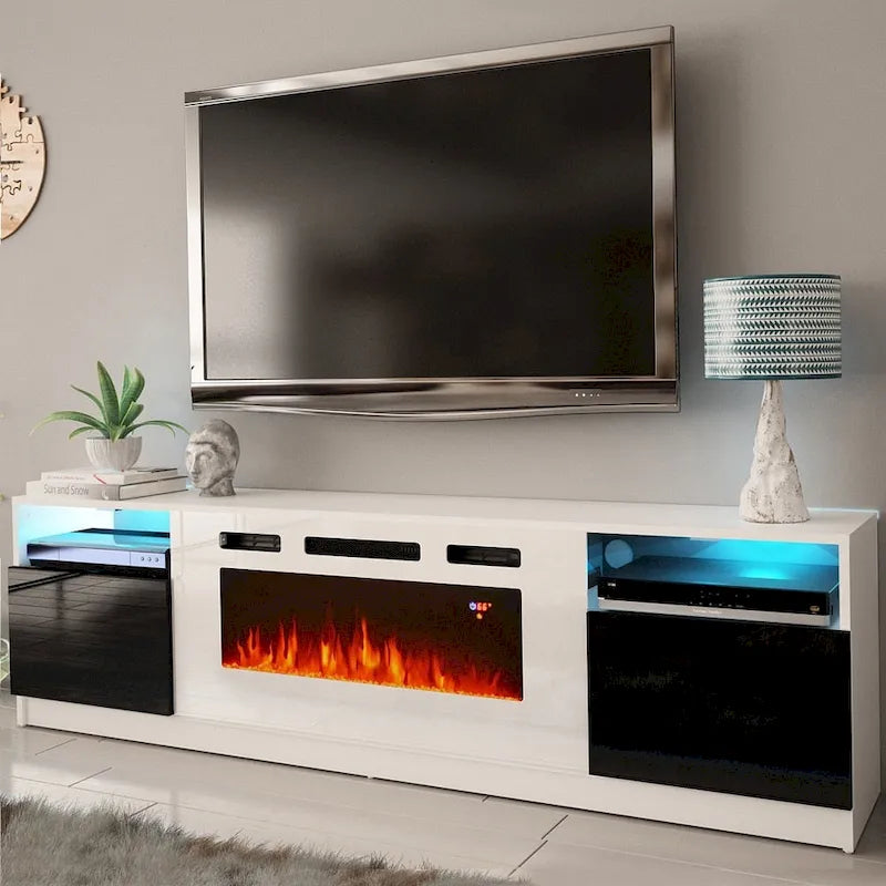 Meuble TV moderne avec cheminée électrique, étagères LED et placards