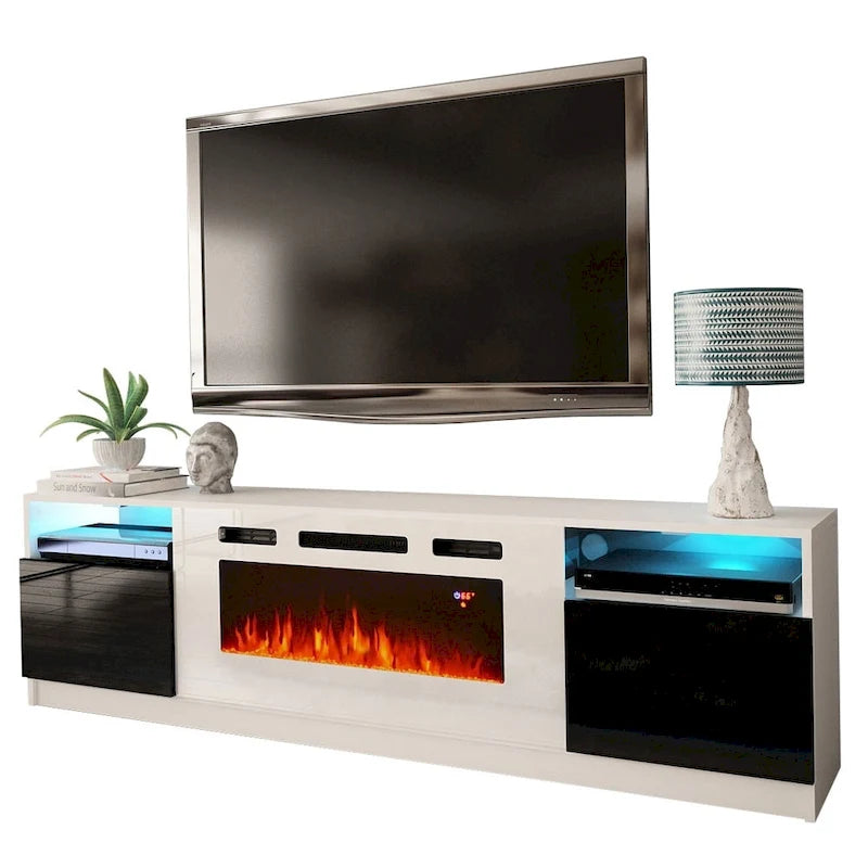 Meuble TV moderne avec cheminée électrique, étagères LED et placards