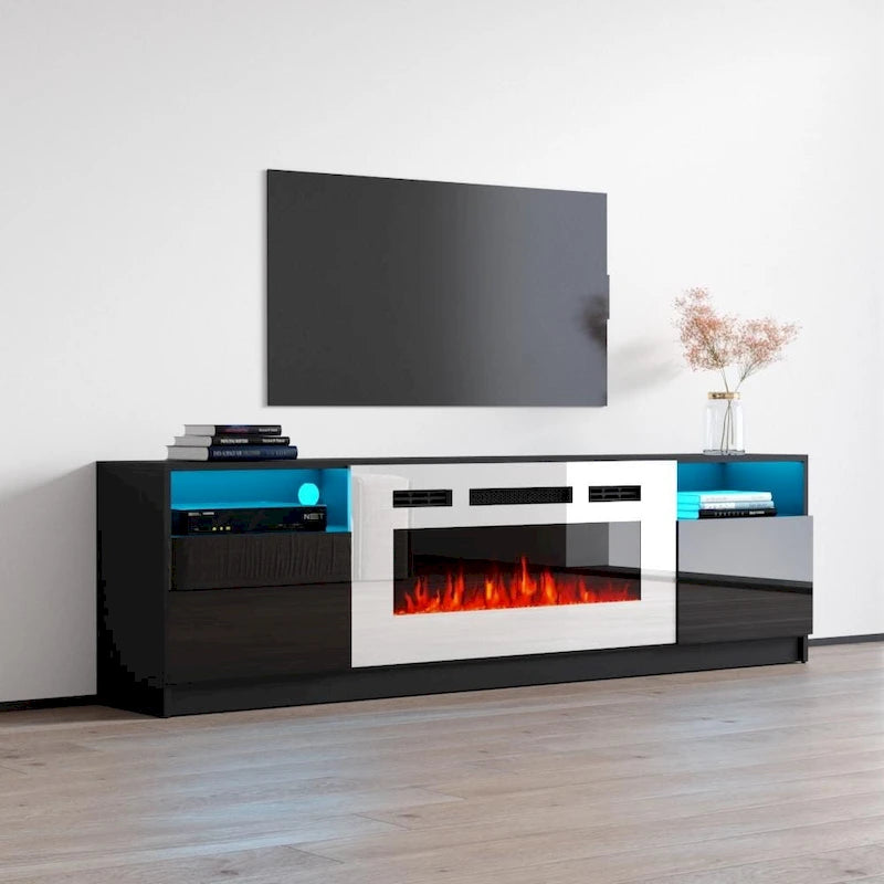 Meuble TV moderne avec cheminée électrique, étagères LED et placards