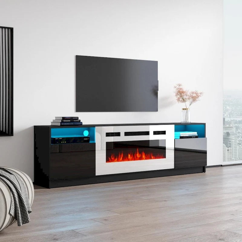 Meuble TV moderne avec cheminée électrique, étagères LED et placards