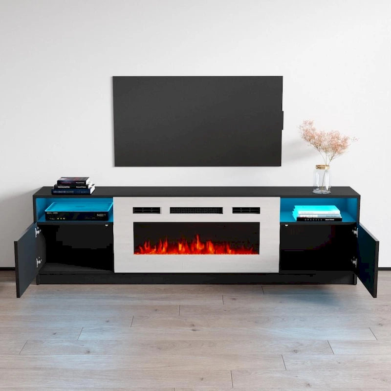 Meuble TV moderne avec cheminée électrique, étagères LED et placards