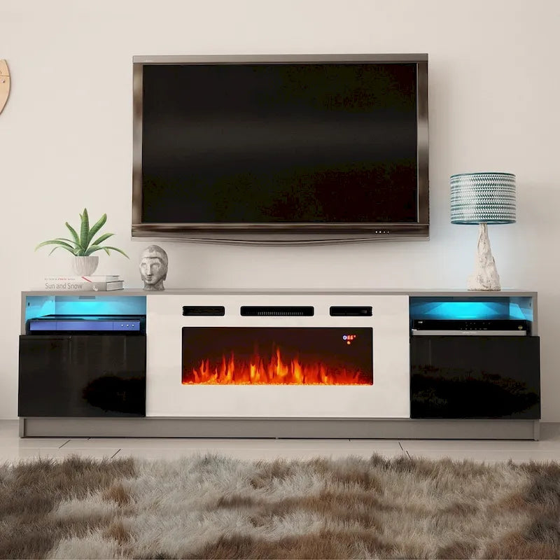 Meuble TV moderne avec cheminée électrique, étagères LED et placards
