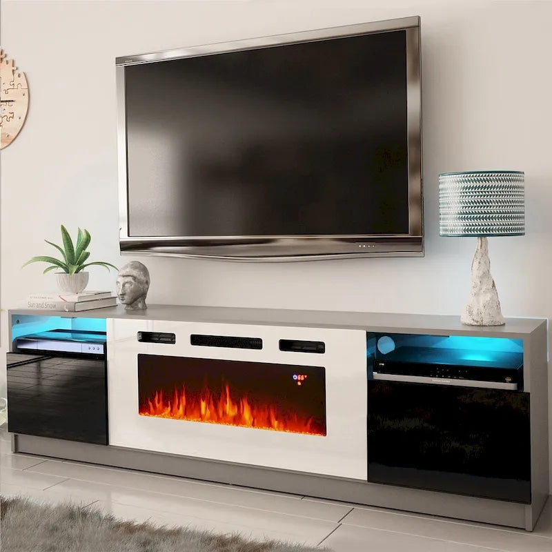 Meuble TV moderne avec cheminée électrique, étagères LED et placards