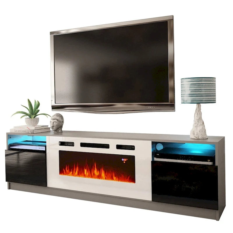 Meuble TV moderne avec cheminée électrique, étagères LED et placards