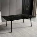 Mesa de comedor rectangular moderna con superficie de piedra y patas de acero negro