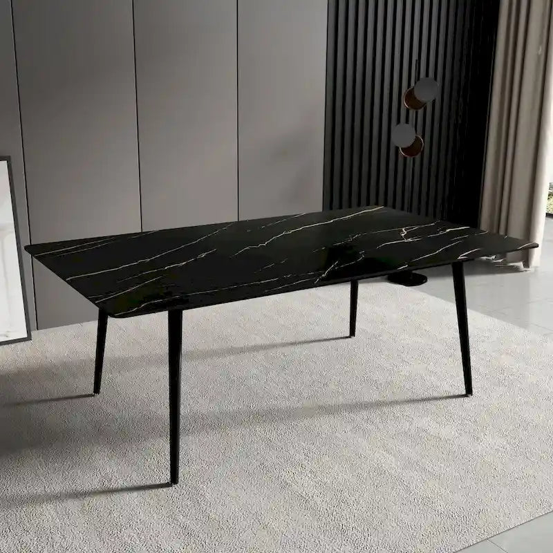 Mesa de comedor rectangular moderna con superficie de piedra y patas de acero negro