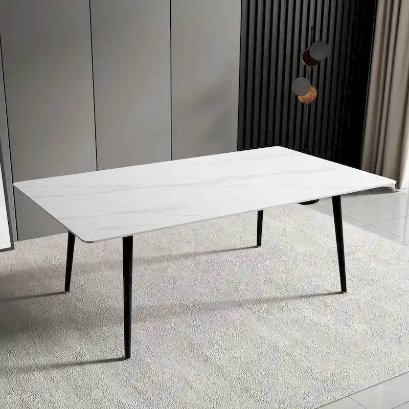 Mesa de comedor rectangular moderna con superficie de piedra y patas de acero negro