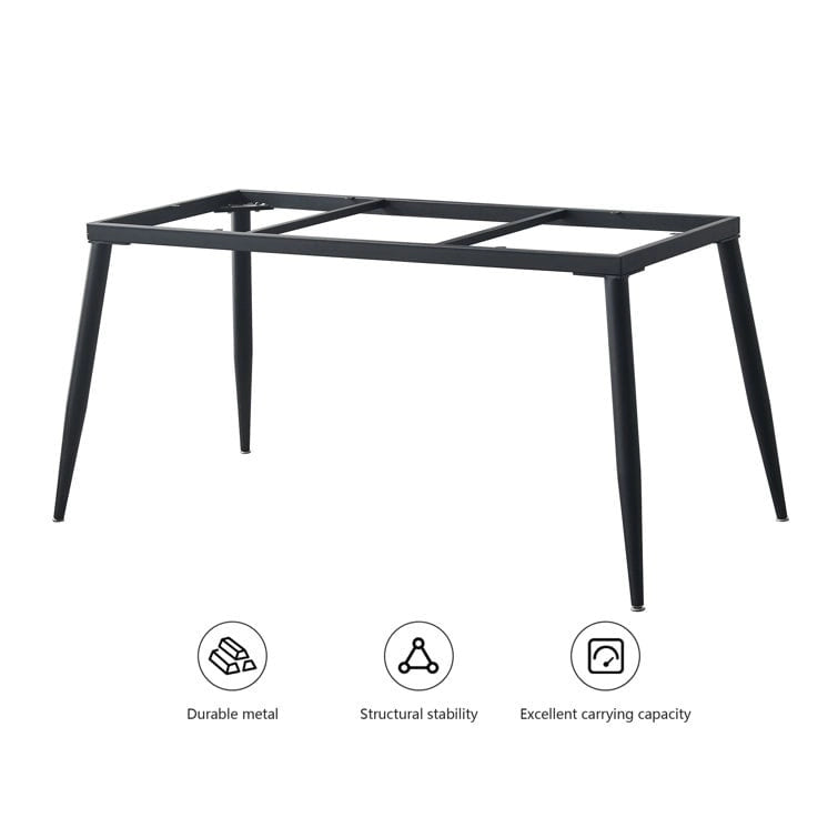Mesa de comedor rectangular moderna con superficie de piedra y patas de acero negro