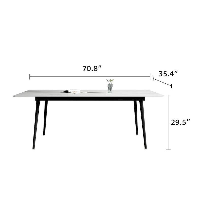 Mesa de comedor rectangular moderna con superficie de piedra y patas de acero negro