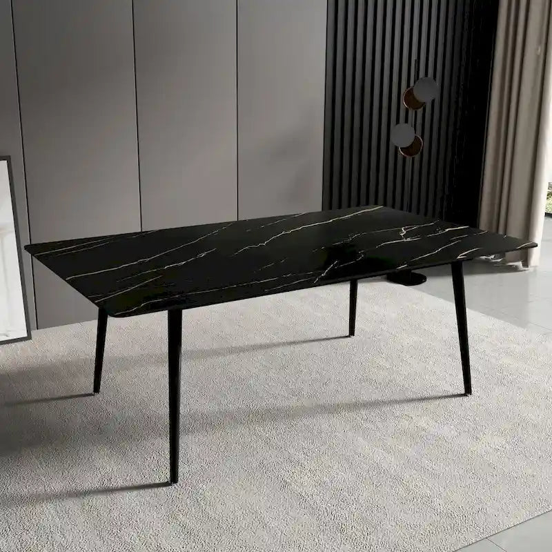 Mesa de comedor rectangular moderna con superficie de piedra y patas de acero negro