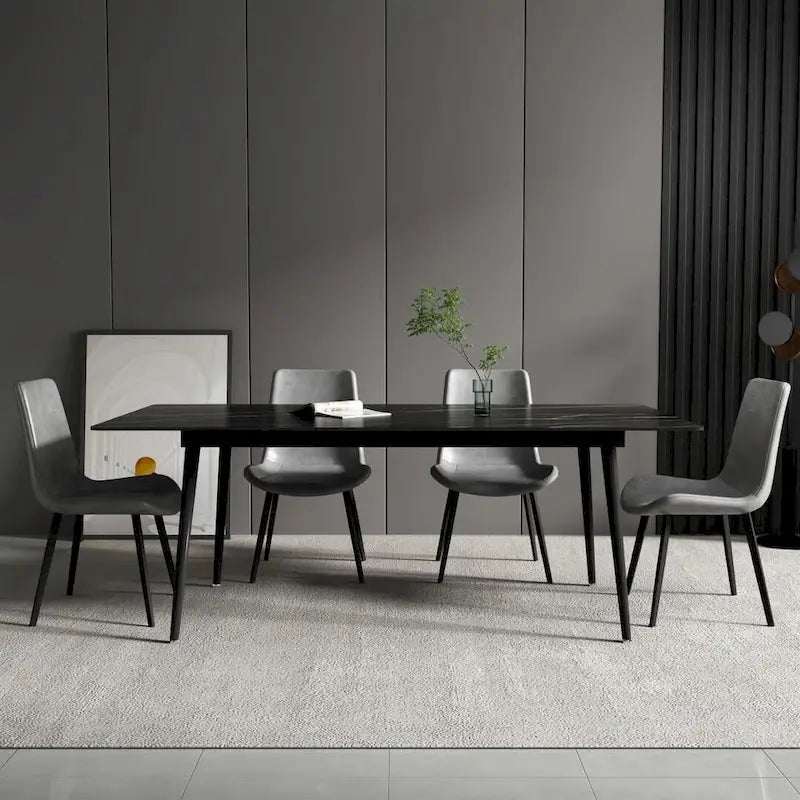 Mesa de comedor rectangular moderna con superficie de piedra y patas de acero negro