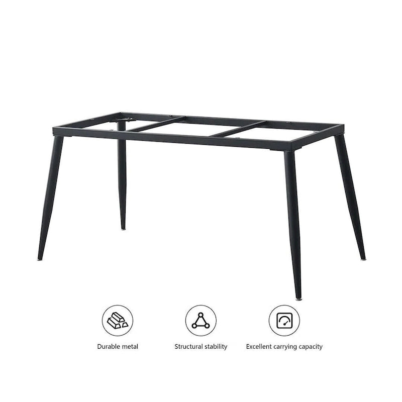 Mesa de comedor rectangular moderna con superficie de piedra y patas de acero negro