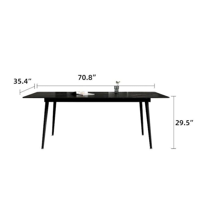 Mesa de comedor rectangular moderna con superficie de piedra y patas de acero negro