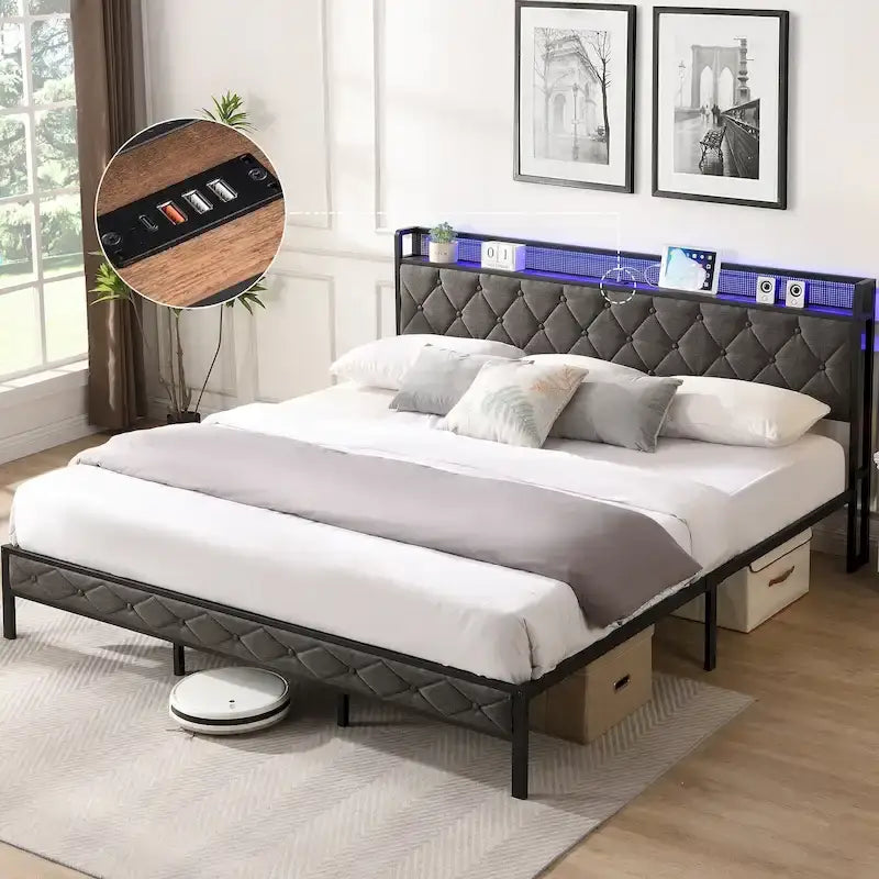 Letto contenitore grigio imbottito con testiera LED, vani contenitore e ricarica