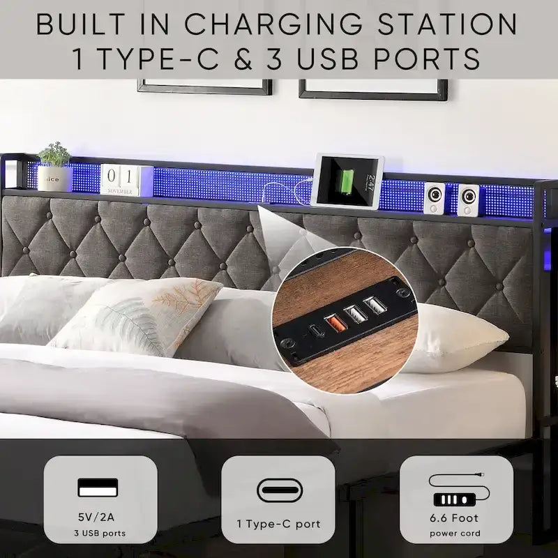 Letto contenitore grigio imbottito con testiera LED, vani contenitore e ricarica