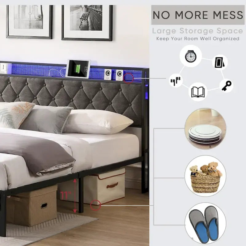 Letto contenitore grigio imbottito con testiera LED, vani contenitore e ricarica