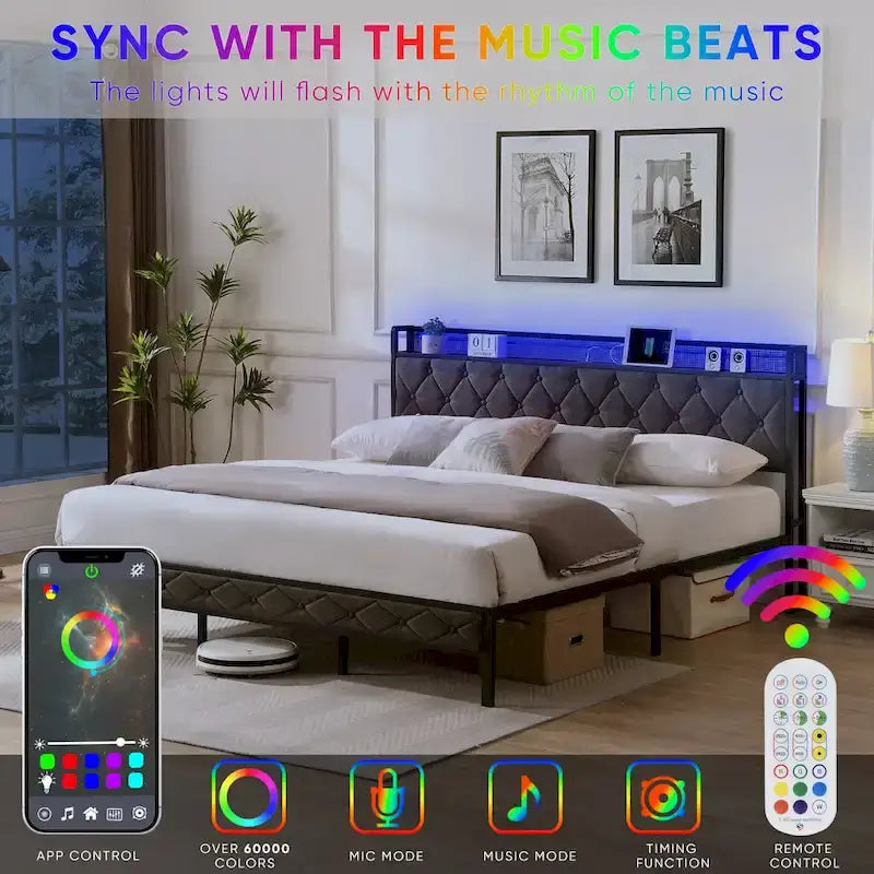 Letto contenitore grigio imbottito con testiera LED, vani contenitore e ricarica
