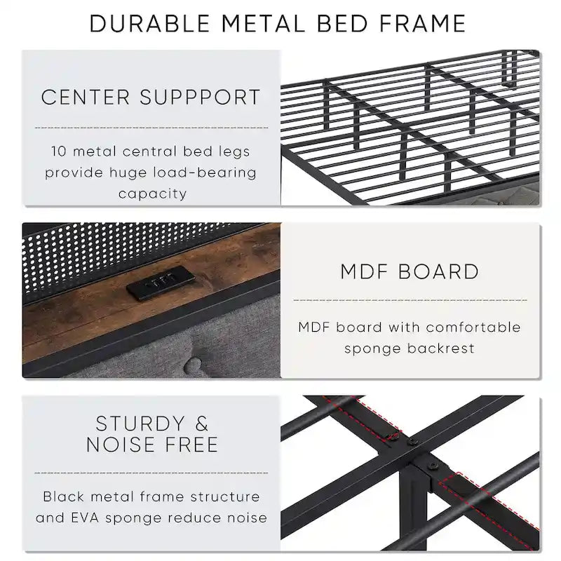 Letto contenitore grigio imbottito con testiera LED, vani contenitore e ricarica