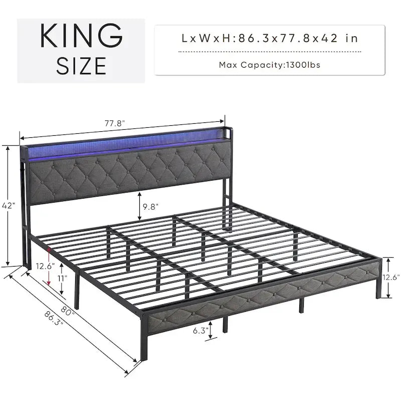 Letto contenitore grigio imbottito con testiera LED, vani contenitore e ricarica