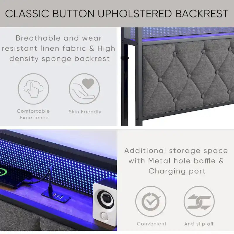 Letto contenitore grigio imbottito con testiera LED, vani contenitore e ricarica