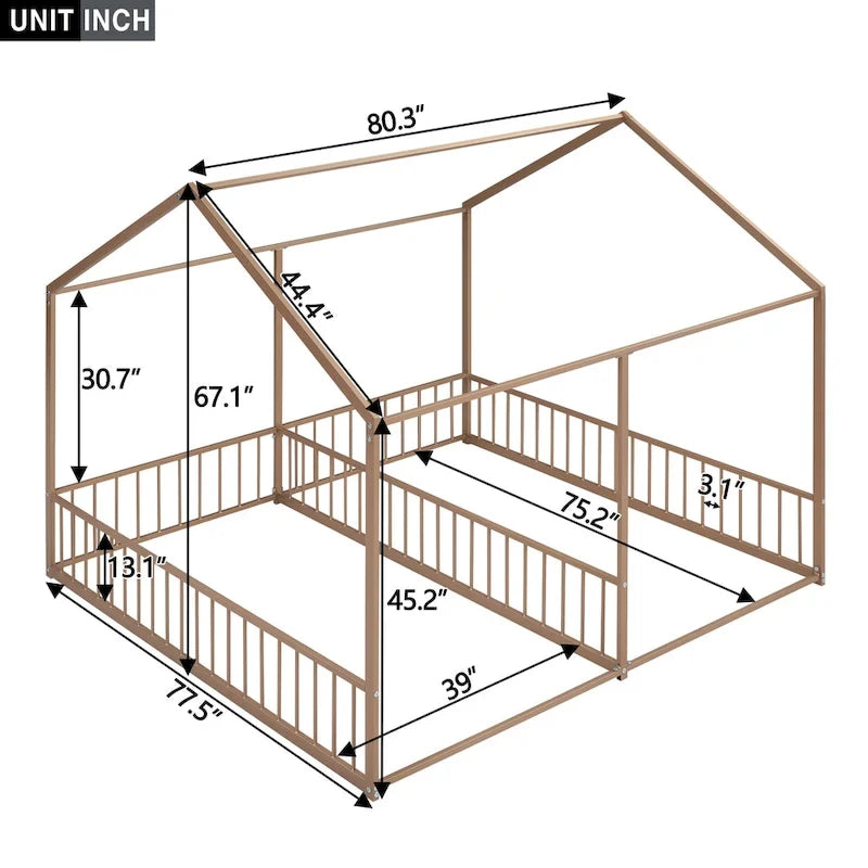 Estructura de cama tipo casita de metal con divisor central y barandillas circundantes