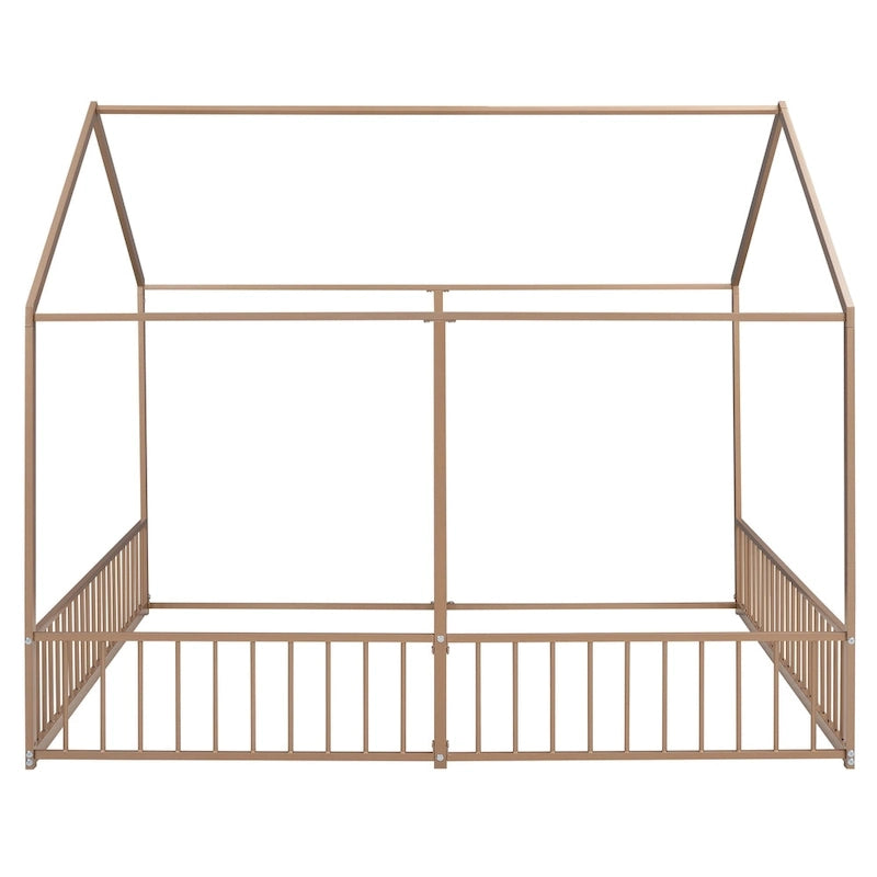 Estructura de cama tipo casita de metal con divisor central y barandillas circundantes