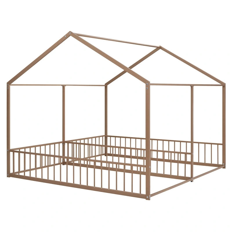 Estructura de cama tipo casita de metal con divisor central y barandillas circundantes