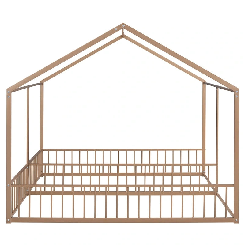 Estructura de cama tipo casita de metal con divisor central y barandillas circundantes
