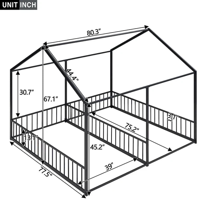 Estructura de cama tipo casita de metal con divisor central y barandillas circundantes