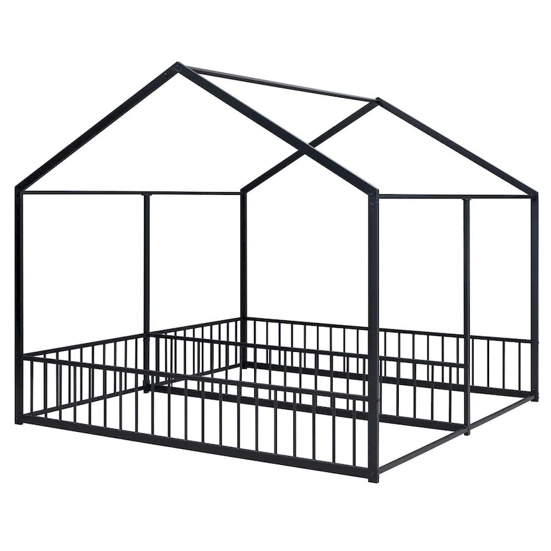 Estructura de cama tipo casita de metal con divisor central y barandillas circundantes