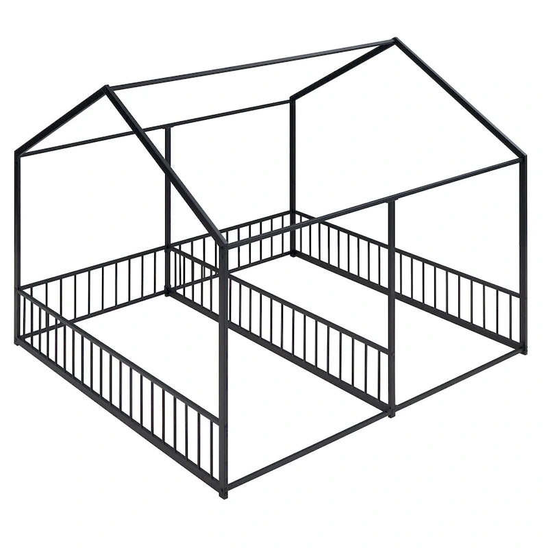 Estructura de cama tipo casita de metal con divisor central y barandillas circundantes