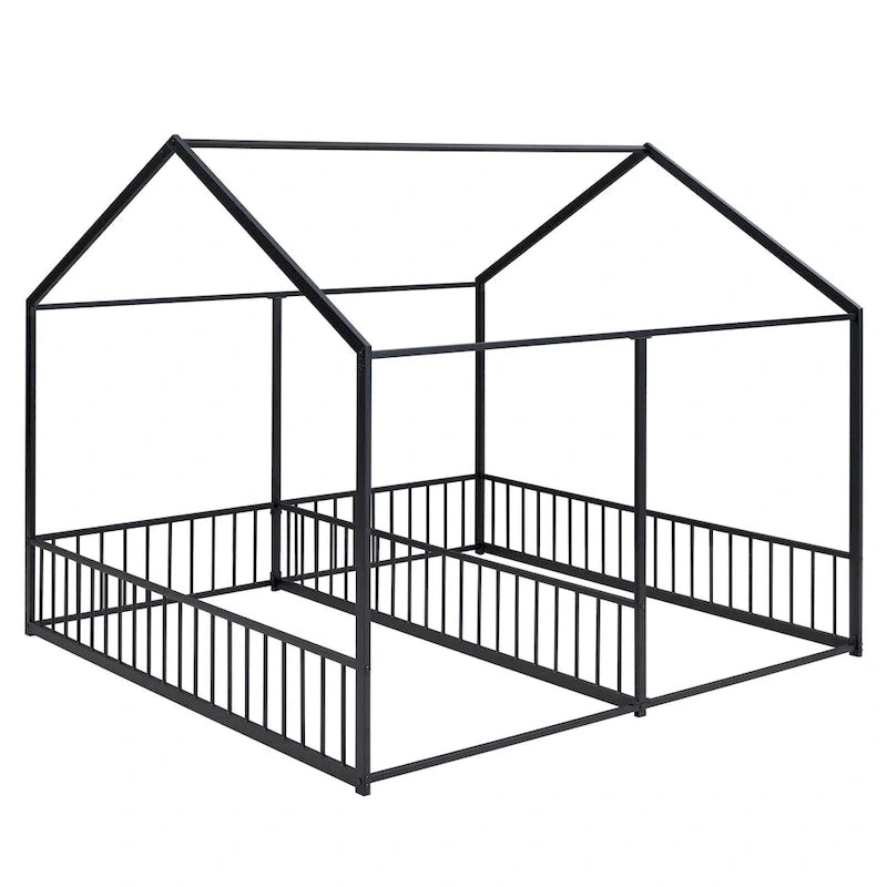 Estructura de cama tipo casita de metal con divisor central y barandillas circundantes