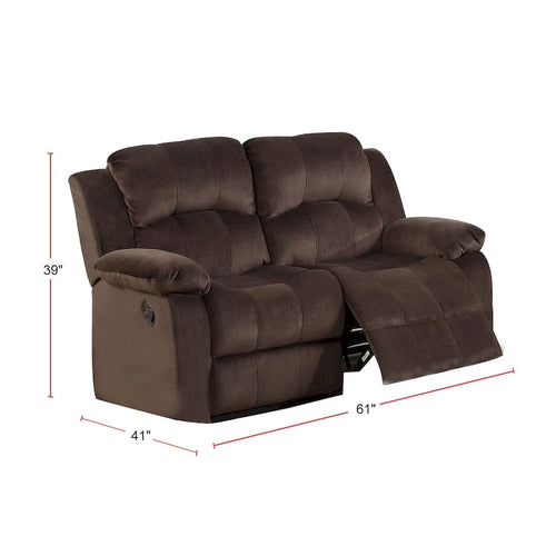 Sillón reclinable biplaza de ante marrón chocolate con respaldo y brazos acolchados