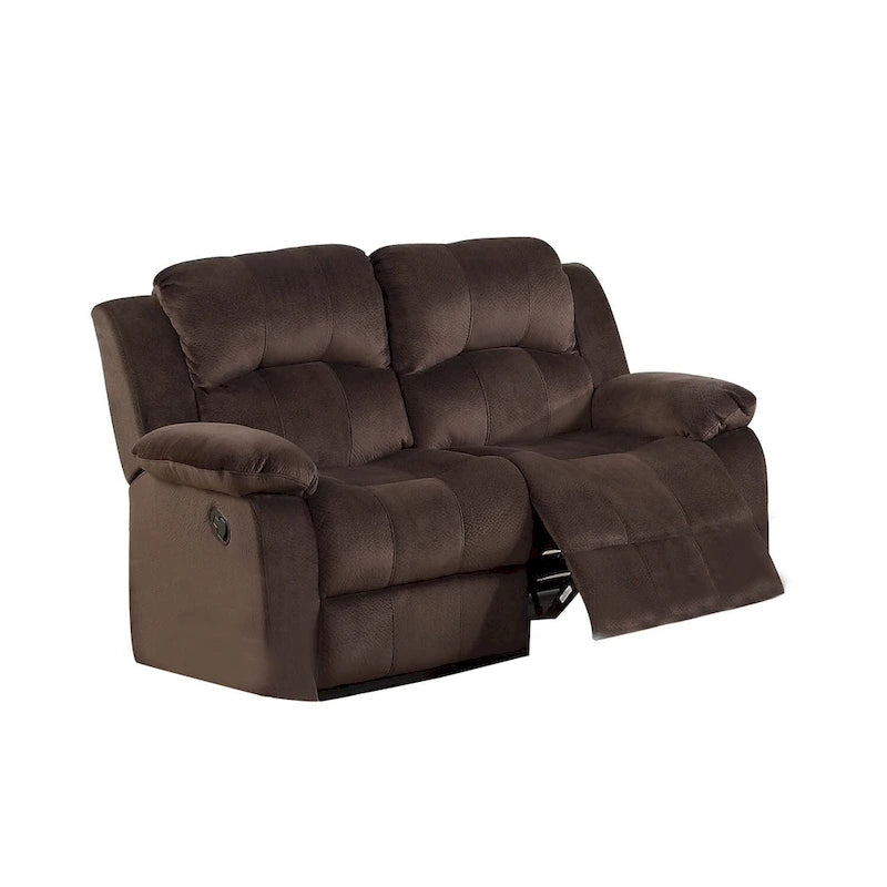 Sillón reclinable biplaza de ante marrón chocolate con respaldo y brazos acolchados