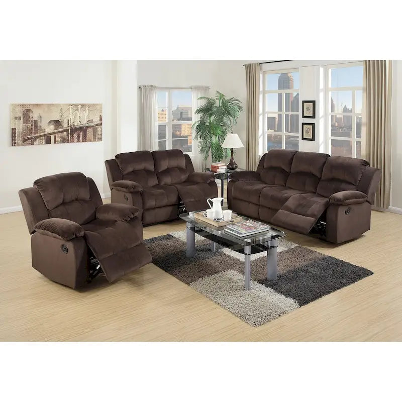 Sillón reclinable biplaza de ante marrón chocolate con respaldo y brazos acolchados