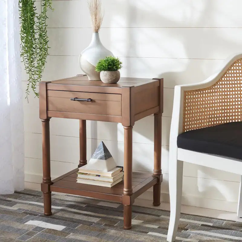 Mesa auxiliar decorativa clásica con estante con cajón de almacenamiento y patas torneadas