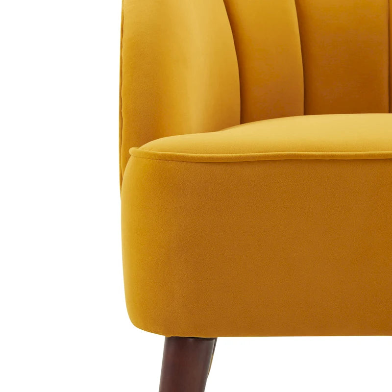 Fotel klubowy z tapicerowanym siedziskiem w stylu mid-century, kanałowym oparciem i rozchylonymi nogami