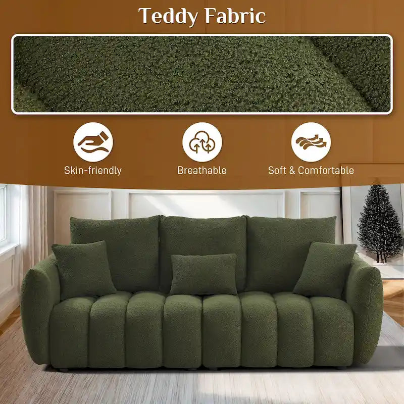 Sofá moderno de tela teddy con capitoné acanalado y cojines decorativos