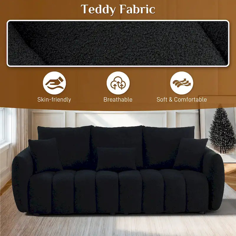 Sofá moderno de tela teddy con capitoné acanalado y cojines decorativos