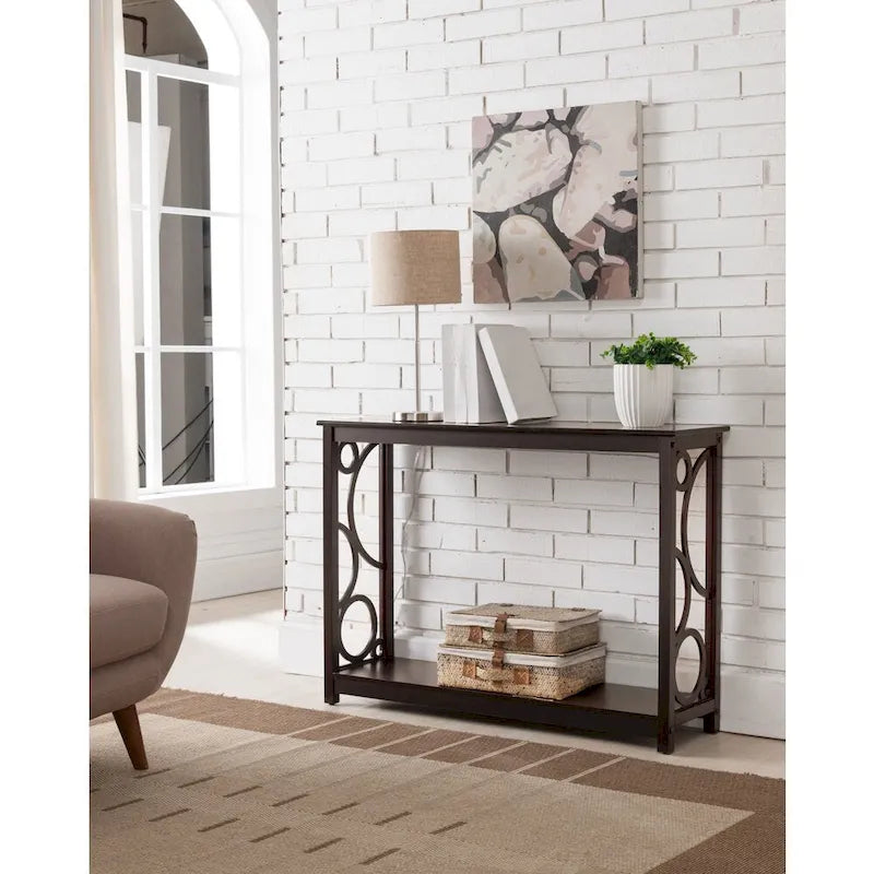 Dark Cherry Finish Wood Entryway Sofa Console Table with Storage Shelf for Hallway, Foyer, Living Room