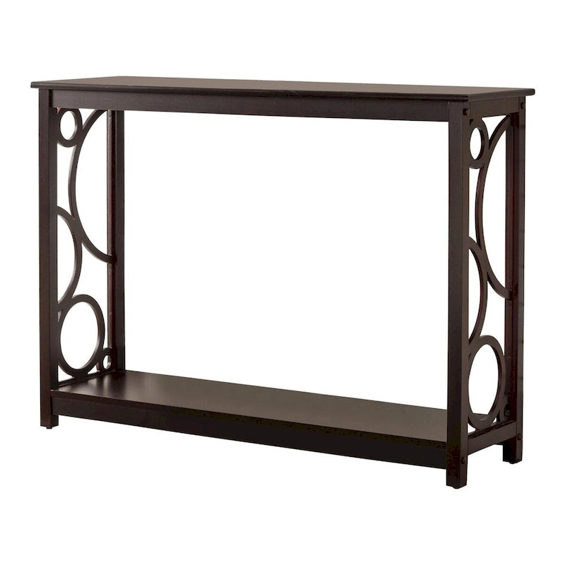 Mesa consola de madera de cerezo oscuro con estante y laterales circulares