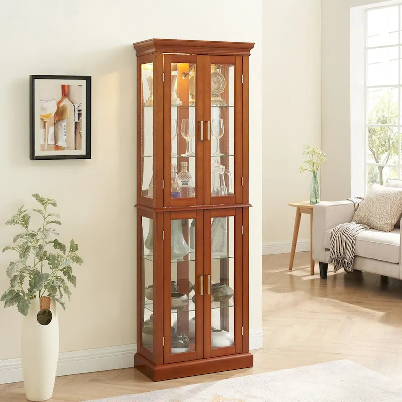 Vitrina clásica de madera con puertas de vidrio e iluminación interior
