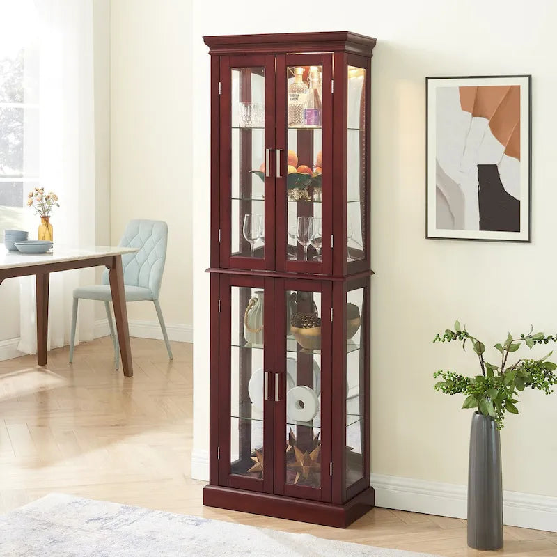 Vitrina clásica de madera con puertas de vidrio e iluminación interior