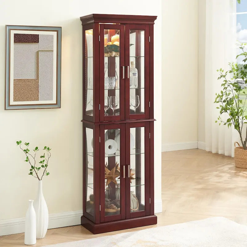 Vitrina clásica de madera con puertas de vidrio e iluminación interior