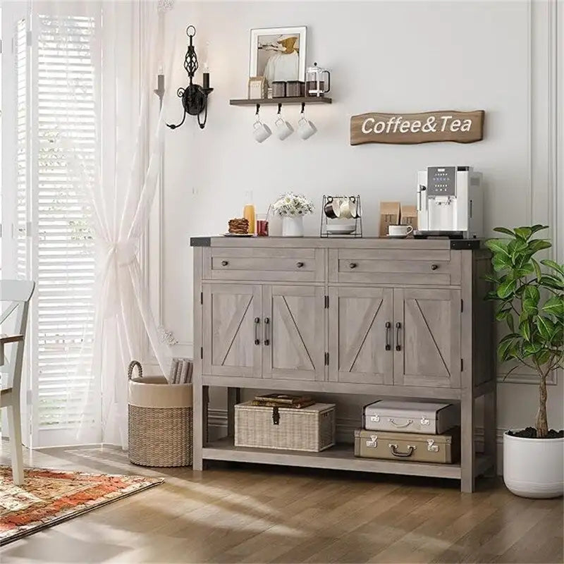 Farmhouse Buffet Cabinet with Barn Style Doors and Storage Drawers